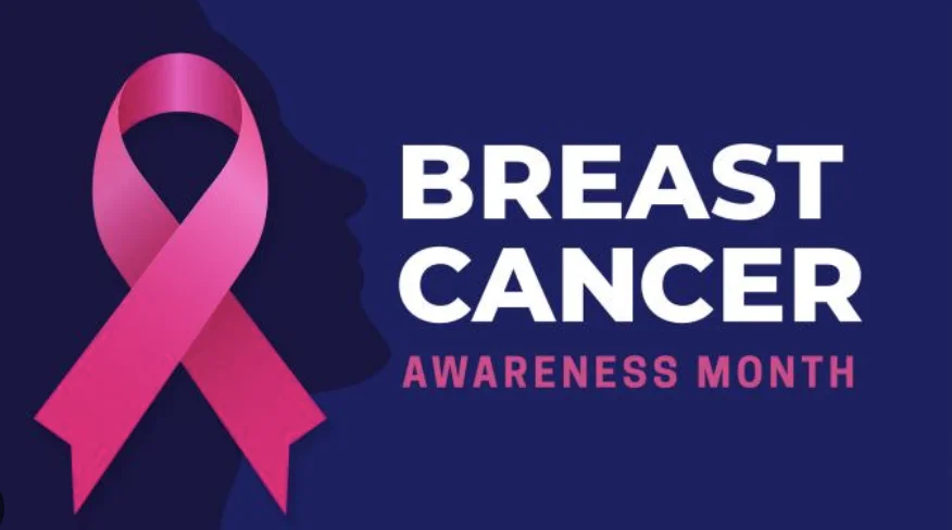 Pink ribbon next to the words Breast Cancer Awareness Month